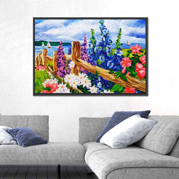Summer Wildflowers by Split-rail Fence Canvas Wall Art
