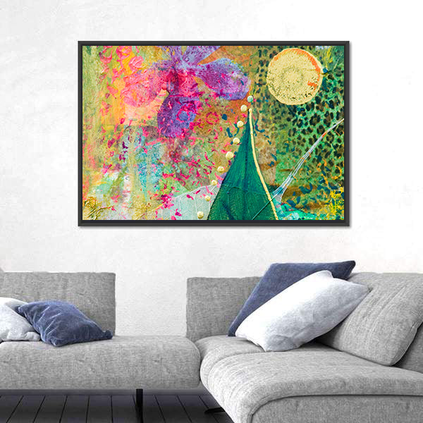 Green Leaf and Purple Orchid Abstract Canvas Wall Art