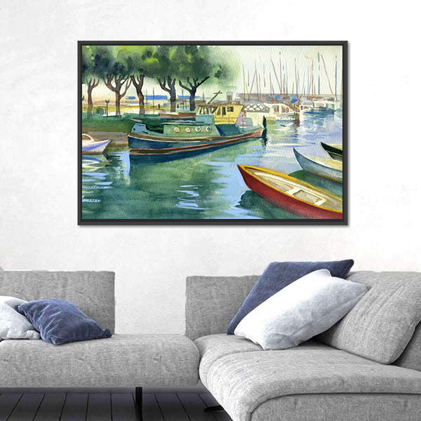 Watercolor Boats Canal Canvas Wall Art