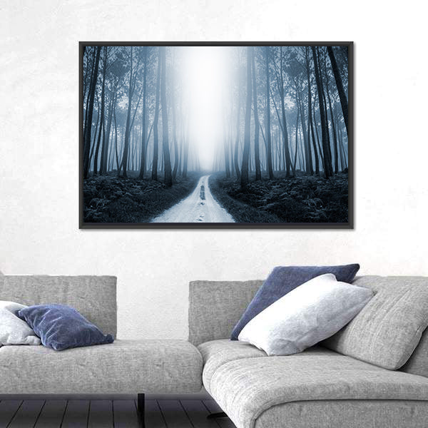 Scary Misty Road In The Forest Canvas Wall Art
