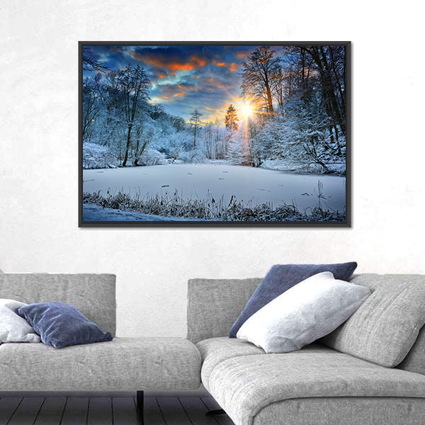 Spectacular Sunset Over Winter Forest Lake Canvas Wall Art