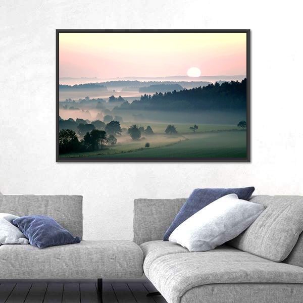 Misty Sunrise Over Layered Hills Canvas Wall Art
