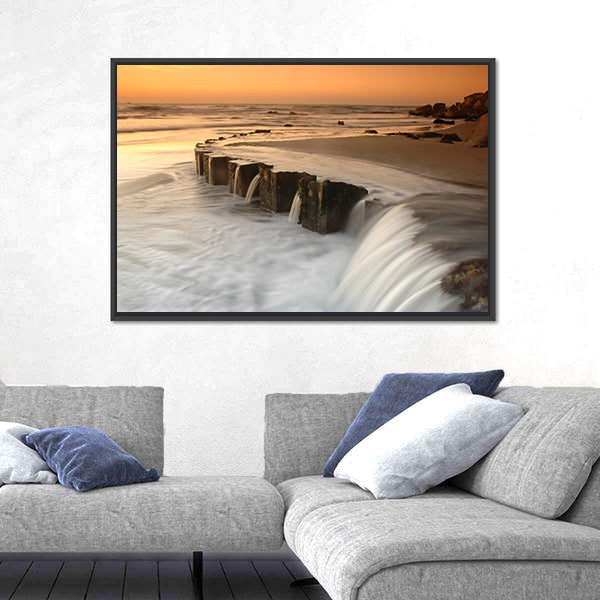 Waterfall By The Sea At Sunset Canvas Wall Art
