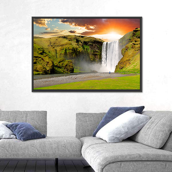 Skogafoss Waterfall At Sunset In Iceland Canvas Wall Art
