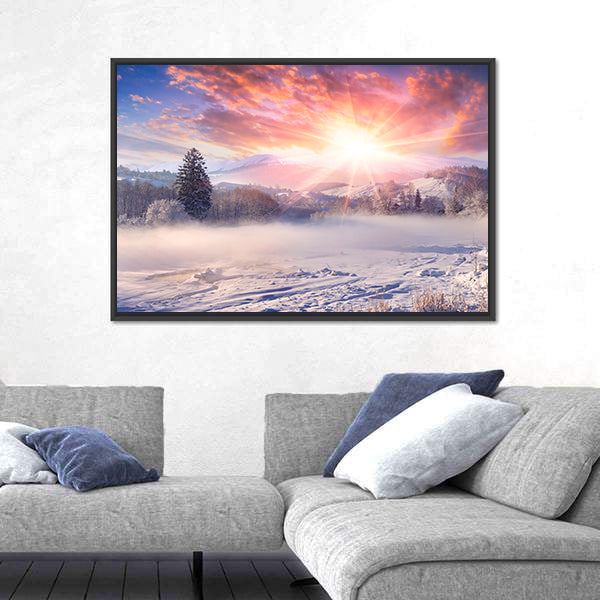 Winter Sunrise In Mountain Village Canvas Wall Art