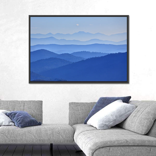 Misty Mountain Valley with Moon Canvas Wall Art