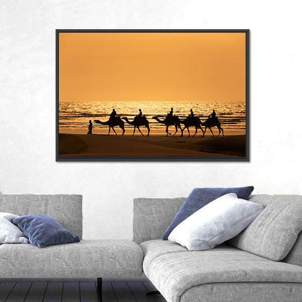 Silhouette Of Dromedary And Tourists At Sunset Morocco Canvas Wall Art
