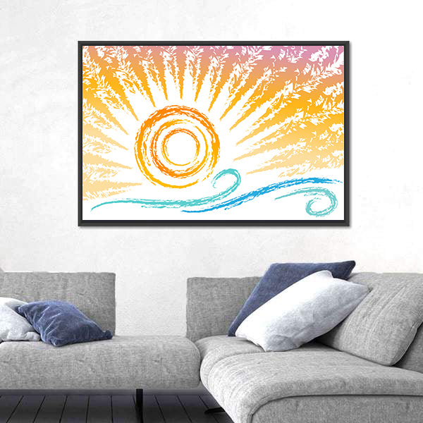 Stylized Sun and Ocean Waves Canvas Wall Art