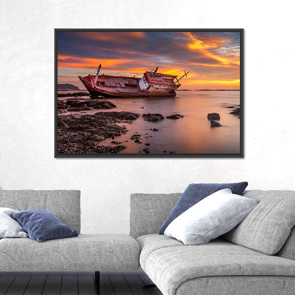 Fishing Boat Moored On Beach At Sunset Canvas Wall Art