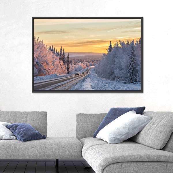 Winter Road In Northern Sweden Canvas Wall Art