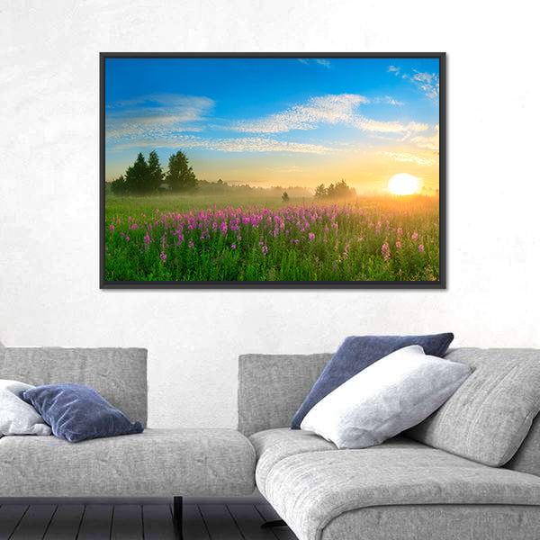 Sunrise Over Blossoming Meadow Canvas Wall Art
