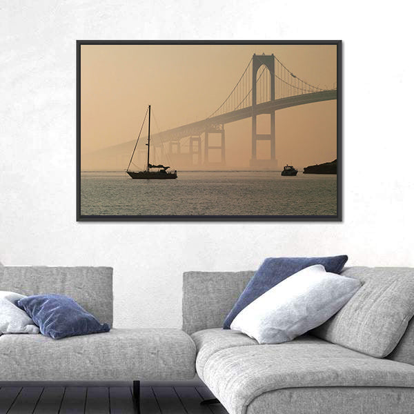 Hazy Suspension Bridge with Sailboat Canvas Wall Art