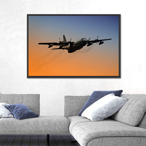 Military Airplane Flying Into Early Morning Sky Canvas Wall Art