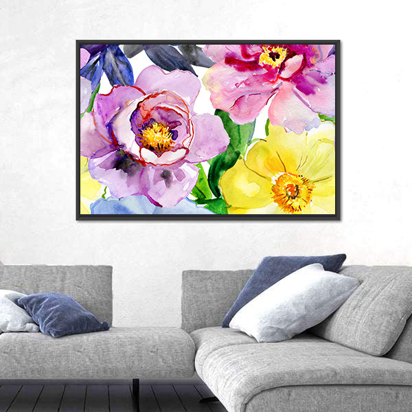 Seamless Watercolor Peonies and Poppies Canvas Wall Art