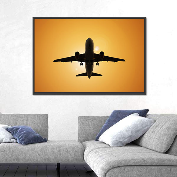 Airplane Silhouette Against the Sun Canvas Wall Art
