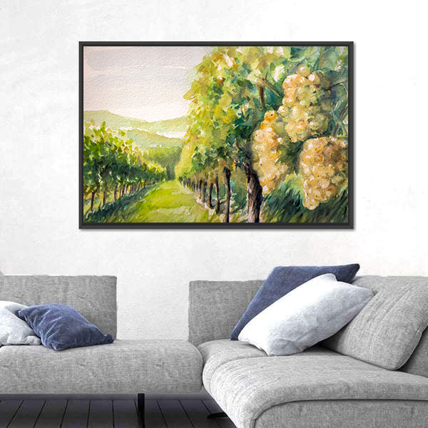 Sunlit Watercolor Vineyard Canvas Wall Art