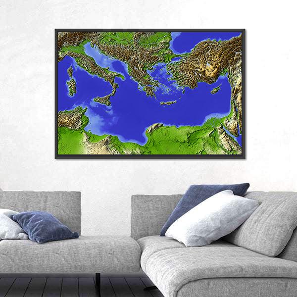 Shaded Relief Map of the Mediterranean Canvas Wall Art