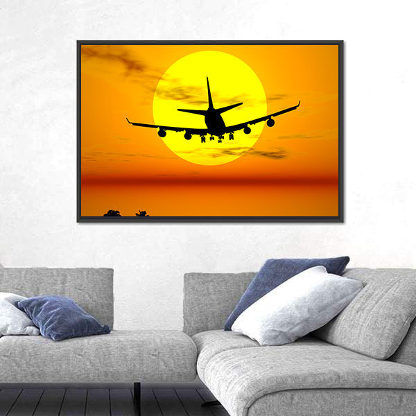 Airplane Silhouette Over Tropical Sunset Canvas Wall Art