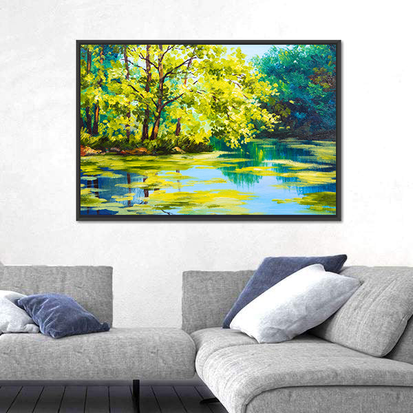 Sunlit Forest Lake Canvas Wall Art