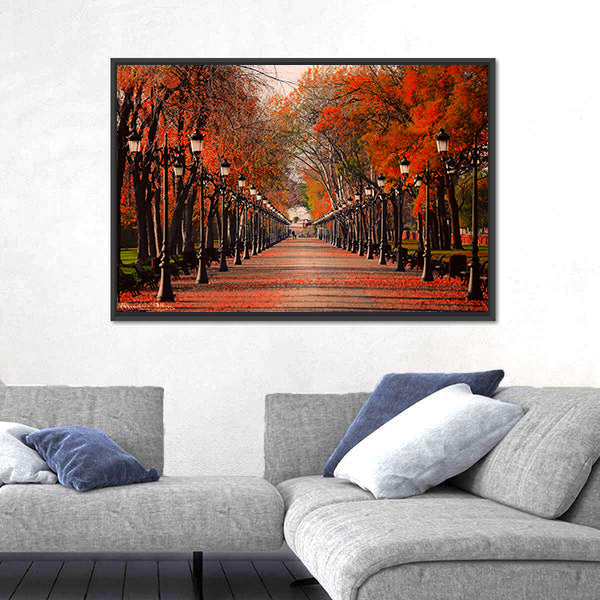 Red Autumn Park Pathway Canvas Wall Art