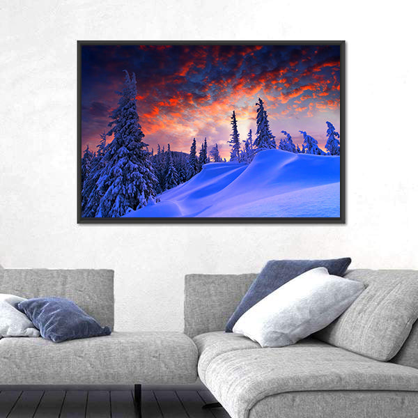 Snowy Winter Landscape At Sunset Canvas Wall Art