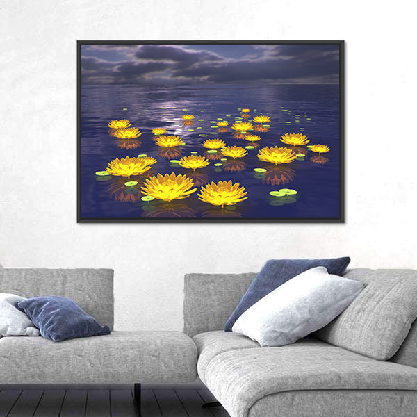 Yellow Water Lilies at Twilight Canvas Wall Art