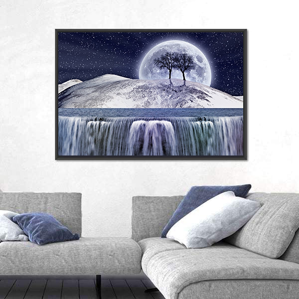 Winter Moonlight Landscape with Waterfall Canvas Wall Art