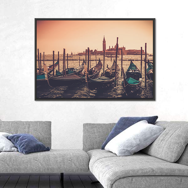 Gondolas Against Venice Panorama In Canal Canvas Wall Art
