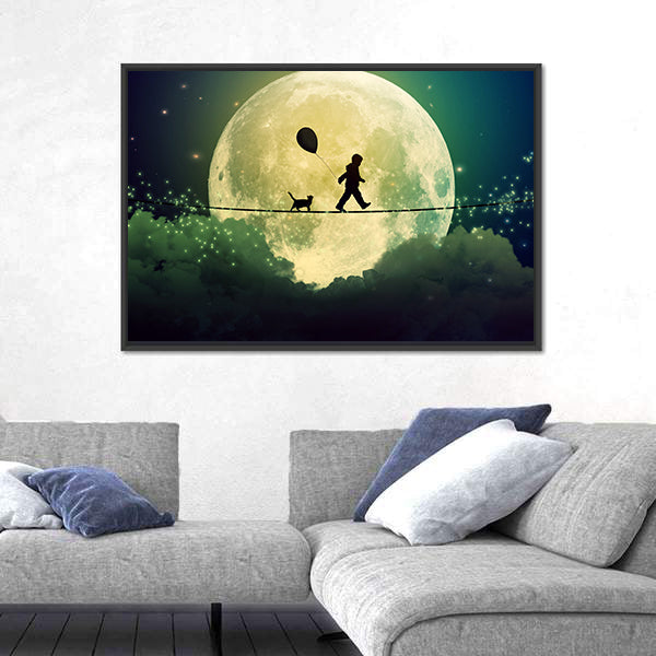 Child on Tightrope Under Full Moon Canvas Wall Art