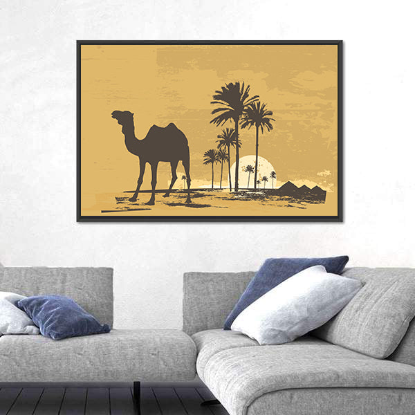 African Desert Sunset with Camel Silhouette Canvas Wall Art