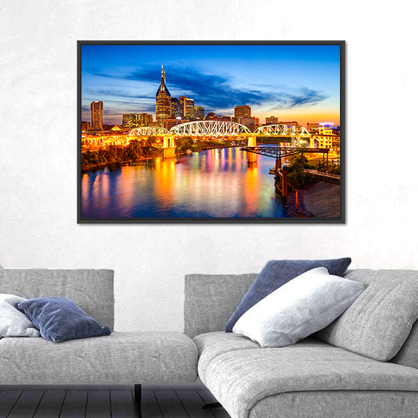 Nashville Skyline with Pedestrian Bridge at Dusk Canvas Wall Art