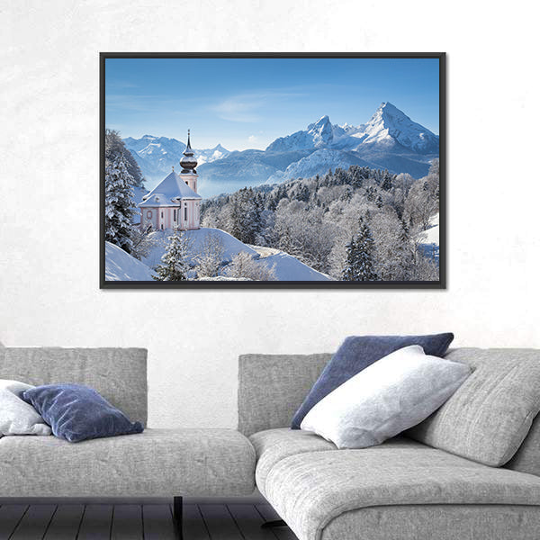 Snowy Alps With Church In Bavaria Canvas Wall Art