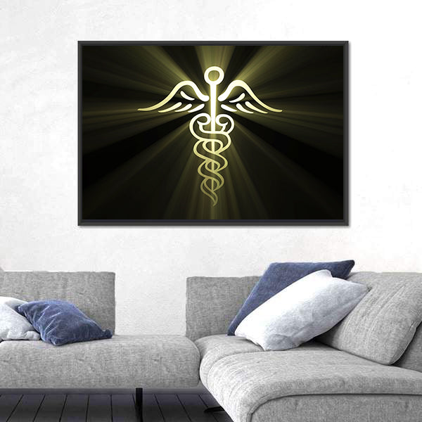 Golden Caduceus with Radiant Light Canvas Wall Art