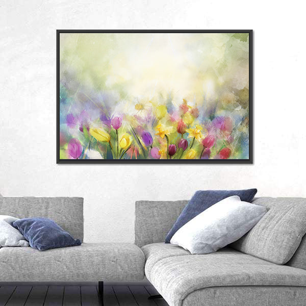 Watercolor Daffodil and Tulip Meadow Canvas Wall Art