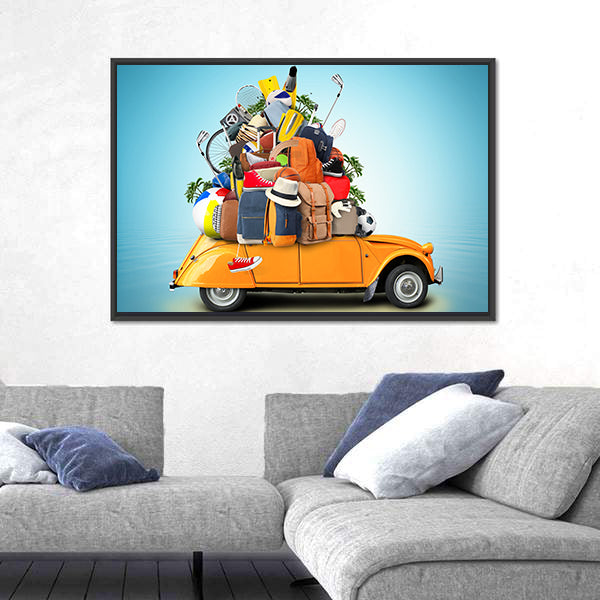 Yellow-orange 2cv with Overloaded Luggage Canvas Wall Art