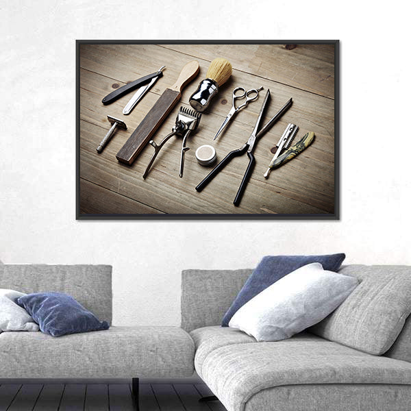 Vintage Barber Tools Flat Lay Canvas Wall Art