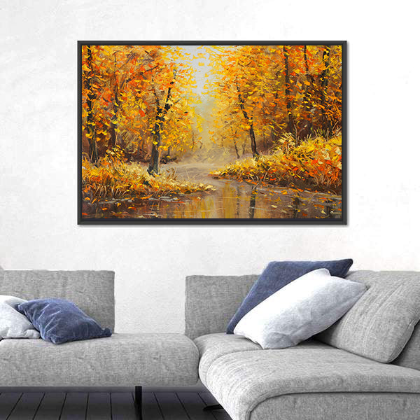 Golden Autumn Along a River Canvas Wall Art