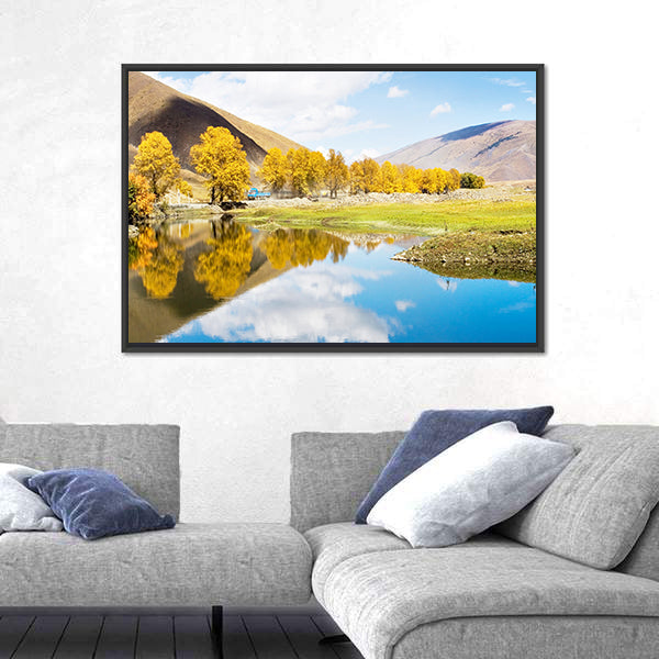 Autumn Mountain Lake with Golden Trees Canvas Wall Art