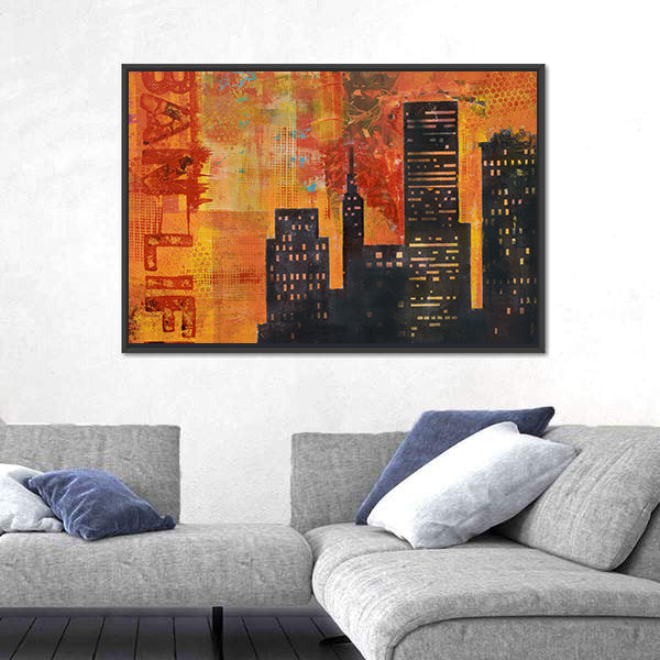 Abstract Urban Skyline with Stenciled Text Canvas Wall Art
