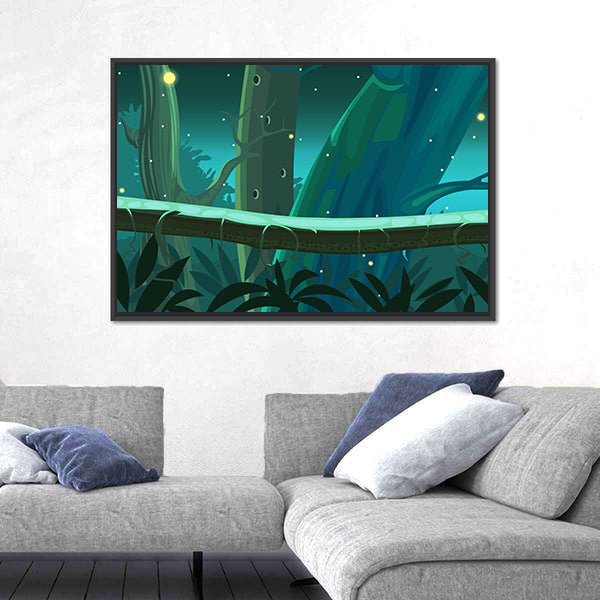 Mossy Tree Trunk with Glowing Fireflies Canvas Wall Art