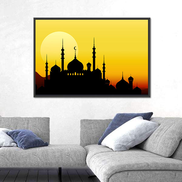 Ramadan Mosque Silhouette with Golden Sun Canvas Wall Art