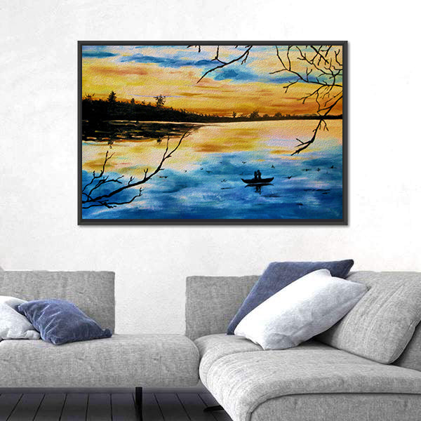 Lovers in a Boat at Sunset Canvas Wall Art