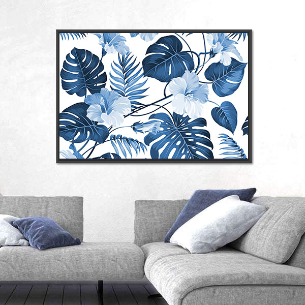 Navy Blue Tropical Leaves Pattern Canvas Wall Art