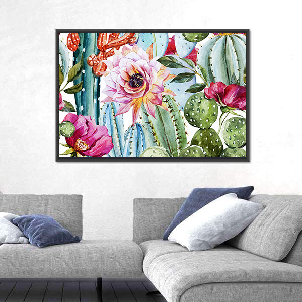Watercolor Cactus Pattern with Pink Blooms Canvas Wall Art