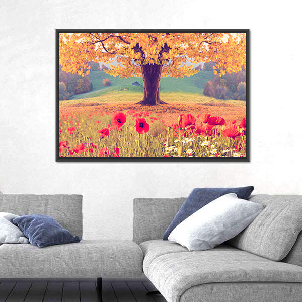 Red Poppies and Golden Tree Canvas Wall Art