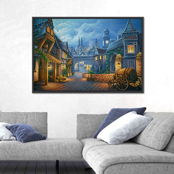 Twilight Medieval Village Through Stone Archway Canvas Wall Art
