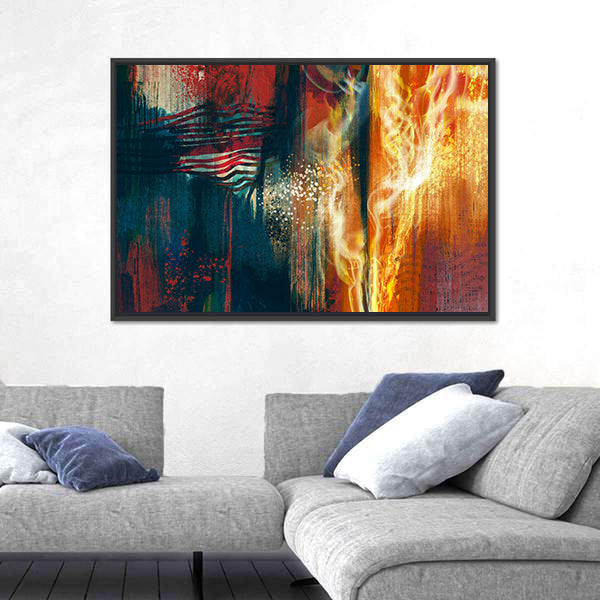 Abstract American Flag in Flames Canvas Wall Art