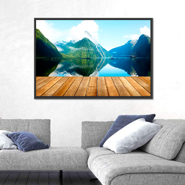 Wooden Pier and Mountain Lake Canvas Wall Art