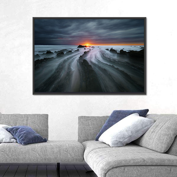 Flysch Rocks In Barrika Beach At The Sunset Canvas Wall Art