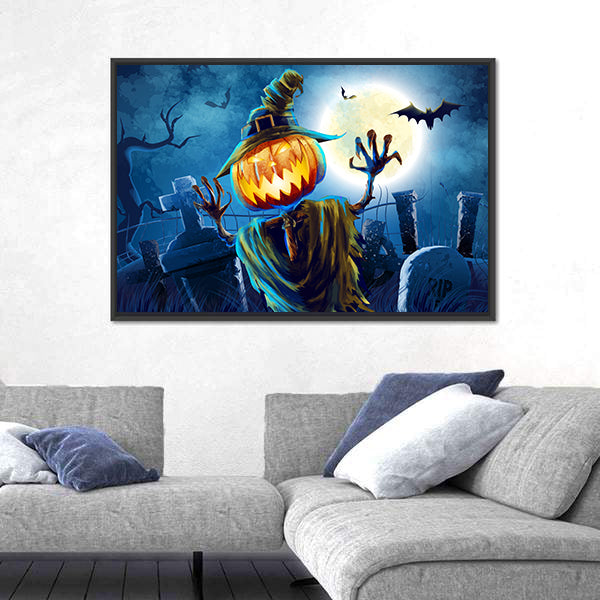 Pumpkin-headed Monster in Graveyard Canvas Wall Art